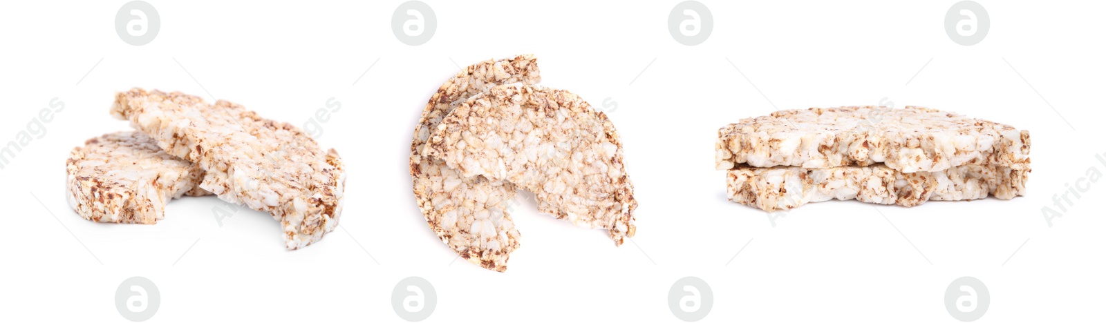 Image of Set with tasty crunchy puffed cakes on white background. Banner design