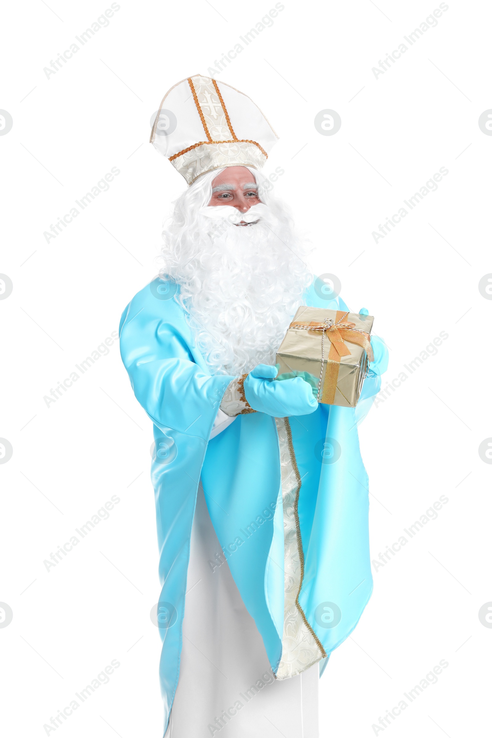 Photo of Portrait of Saint Nicholas with present on white background