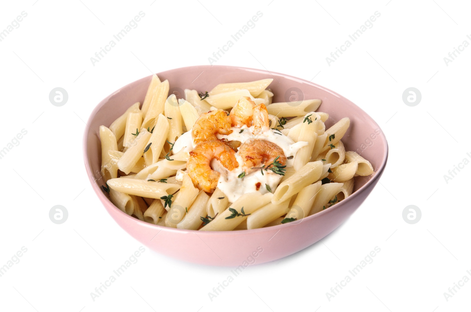 Photo of Delicious pasta with shrimps isolated on white