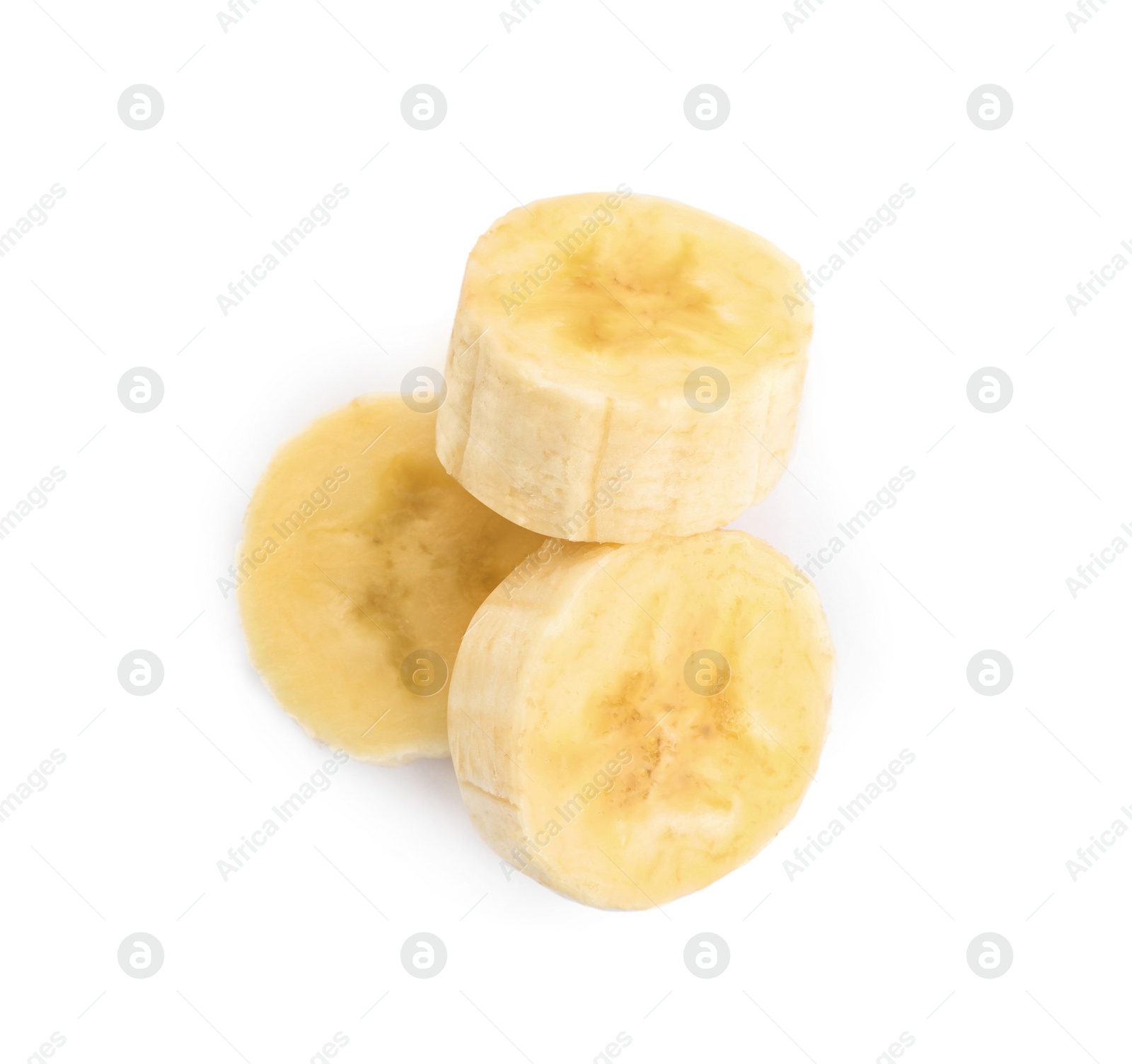 Image of Pieces of tasty ripe banana isolated on white, top view