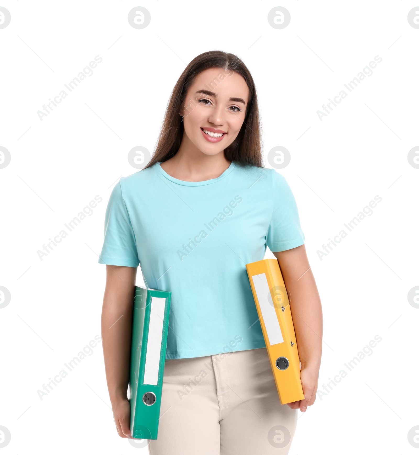 Photo of Happy woman with folders on white background