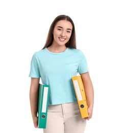 Happy woman with folders on white background