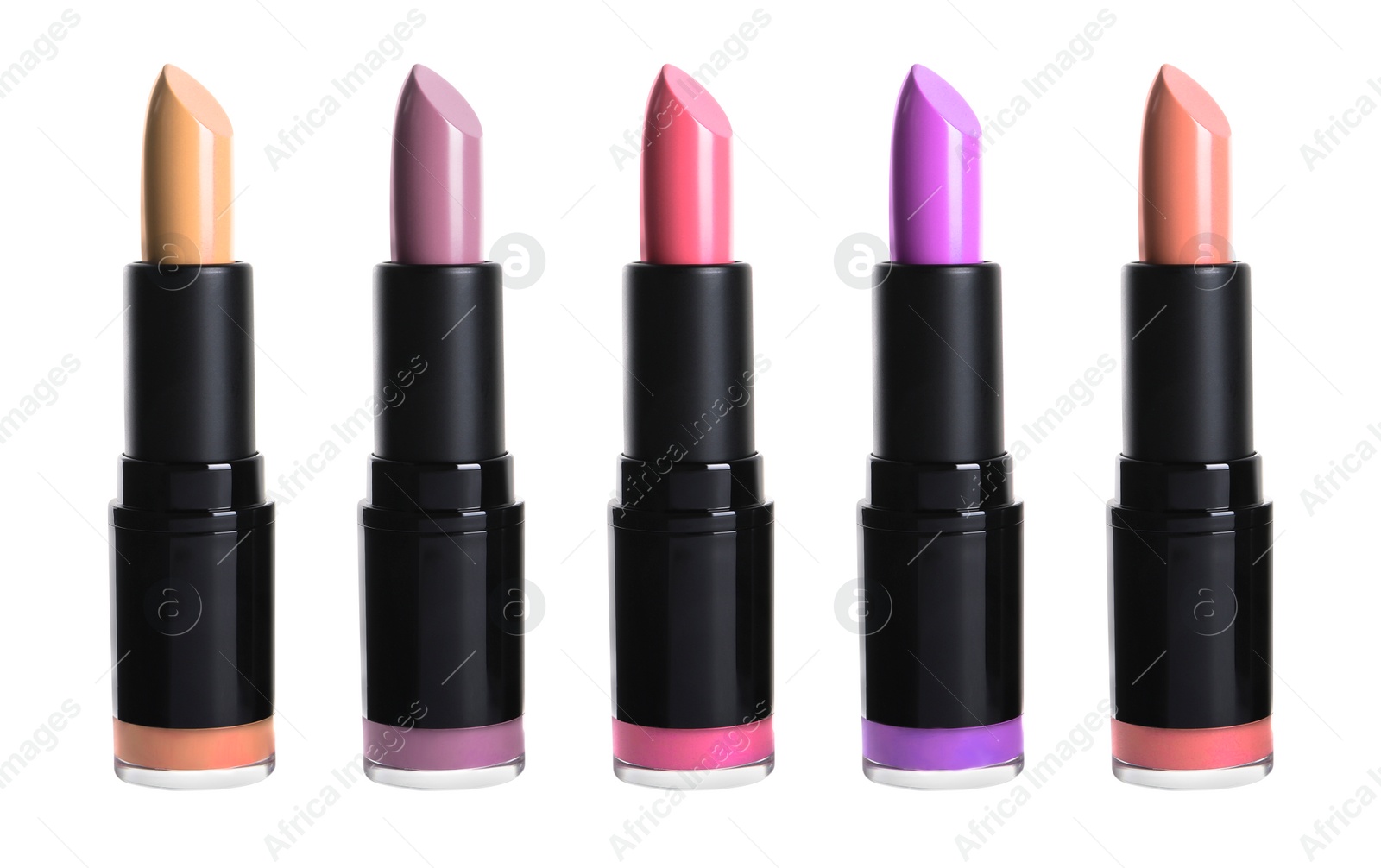 Image of Set with different beautiful lipsticks on white background