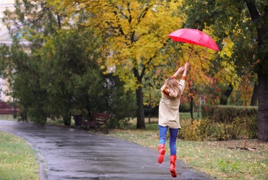 Photo of Woman with umbrella taking walk in autumn park on rainy day