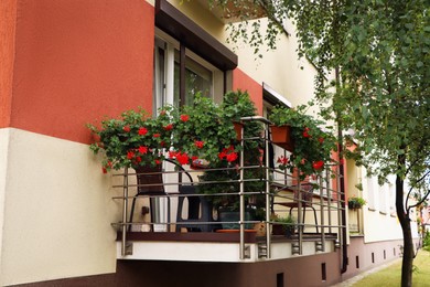 Photo of Balcony decorated with beautiful red flowers and furniture