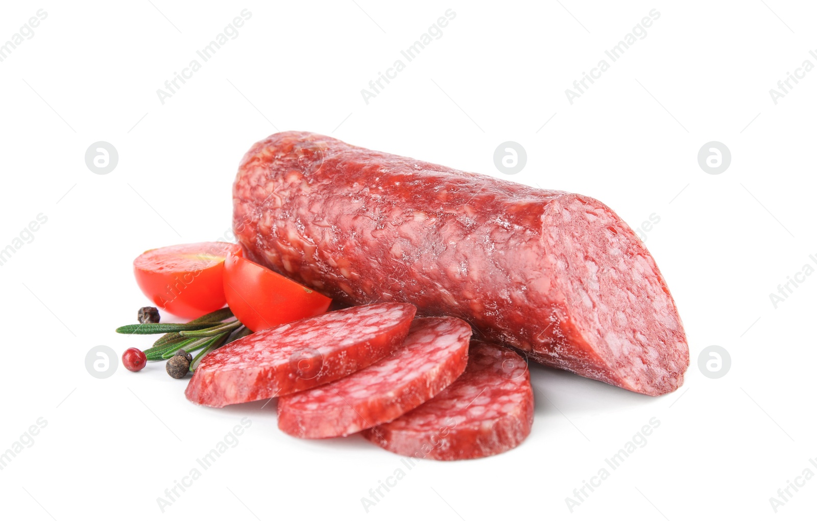 Photo of Tasty sausage on white background. Meat product