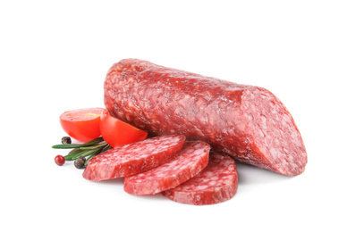 Photo of Tasty sausage on white background. Meat product