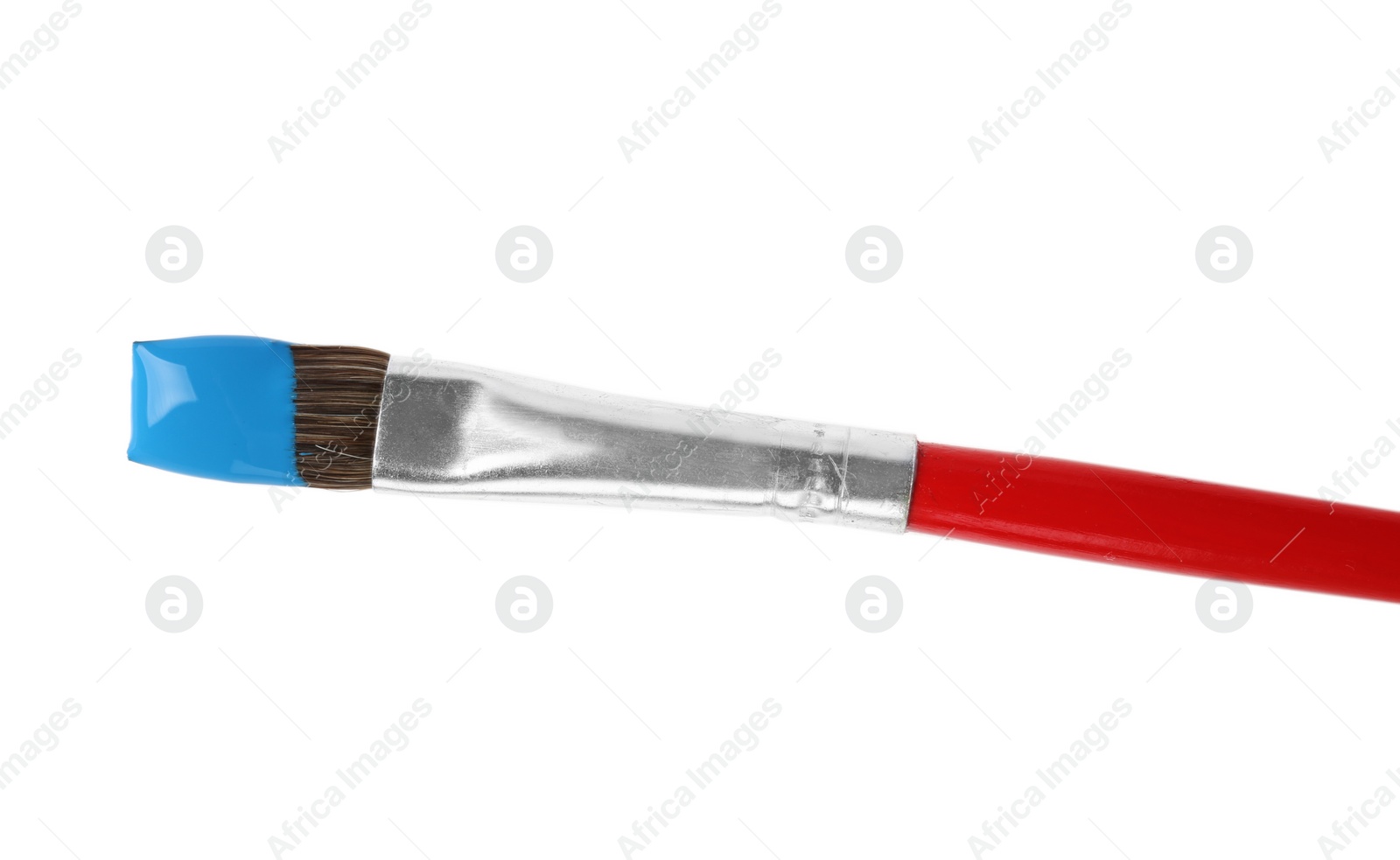 Photo of Brush with color paint on white background, top view