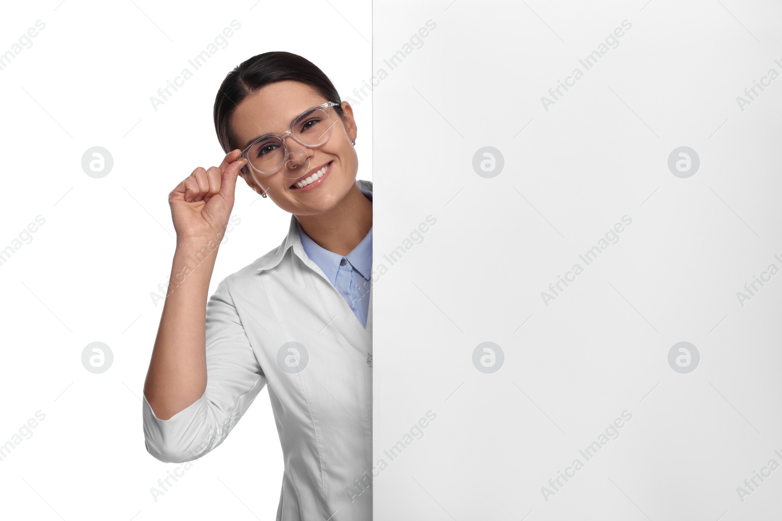 Photo of Ophthalmologist with blank banner on white background, space for text