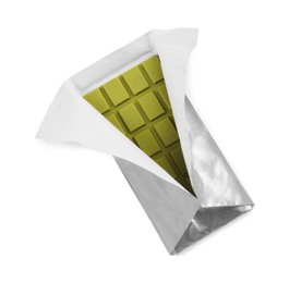 Tasty matcha chocolate bar wrapped in foil isolated on white, top view