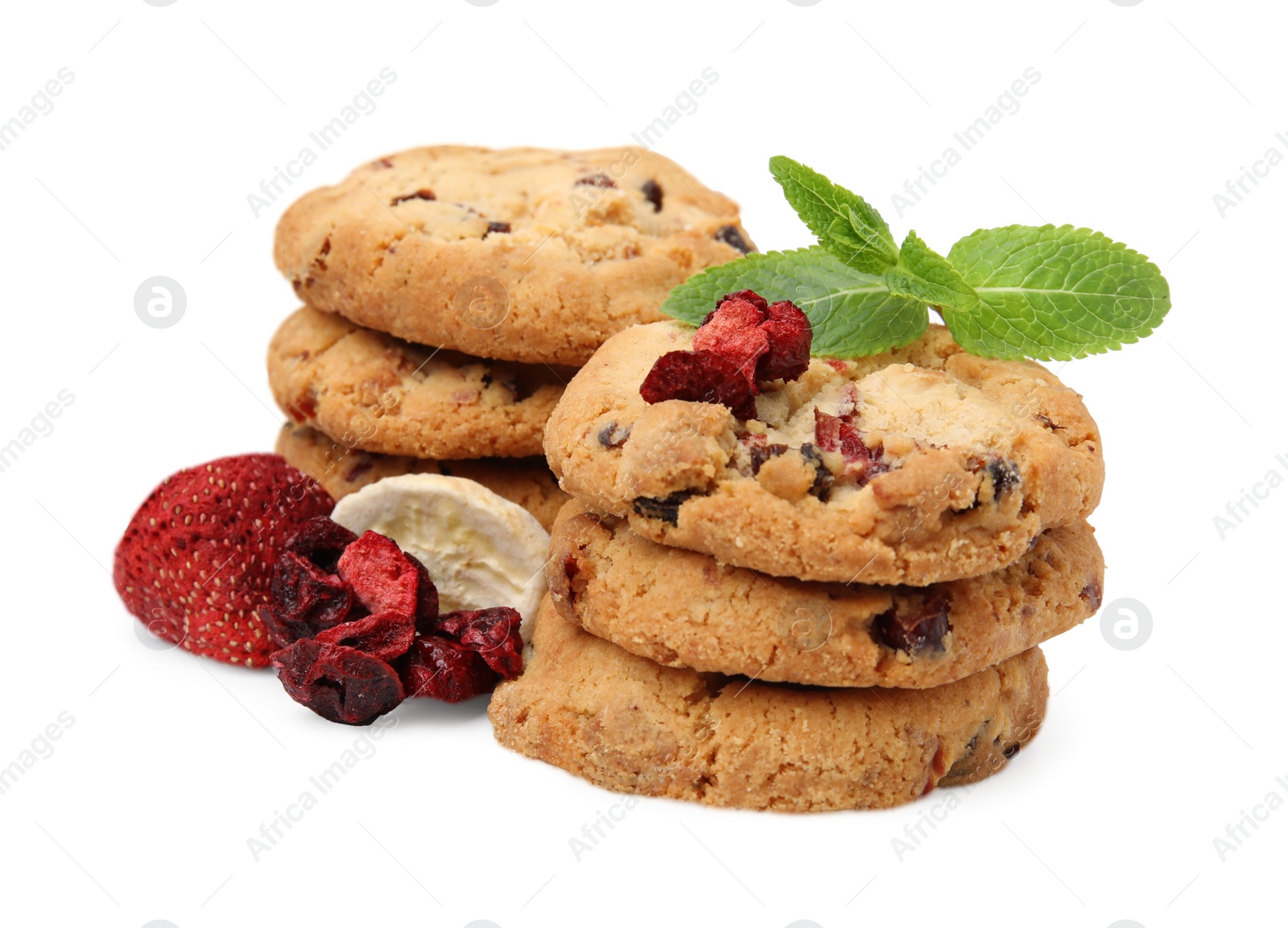 Cookies with freeze dried fruits and mint isolated on white Photo of Cookies with freeze dried fruits and mint isolated on white