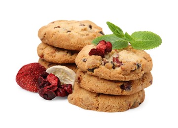Photo of Cookies with freeze dried fruits and mint isolated on white
