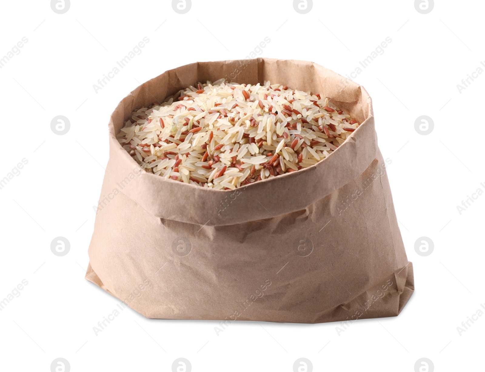 Photo of Mix of brown and polished rice in paper bag isolated on white