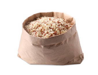 Photo of Mix of brown and polished rice in paper bag isolated on white