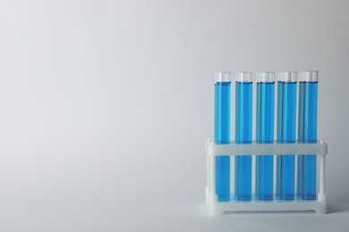 Photo of Test tubes with blue liquid on light grey background. Space for text