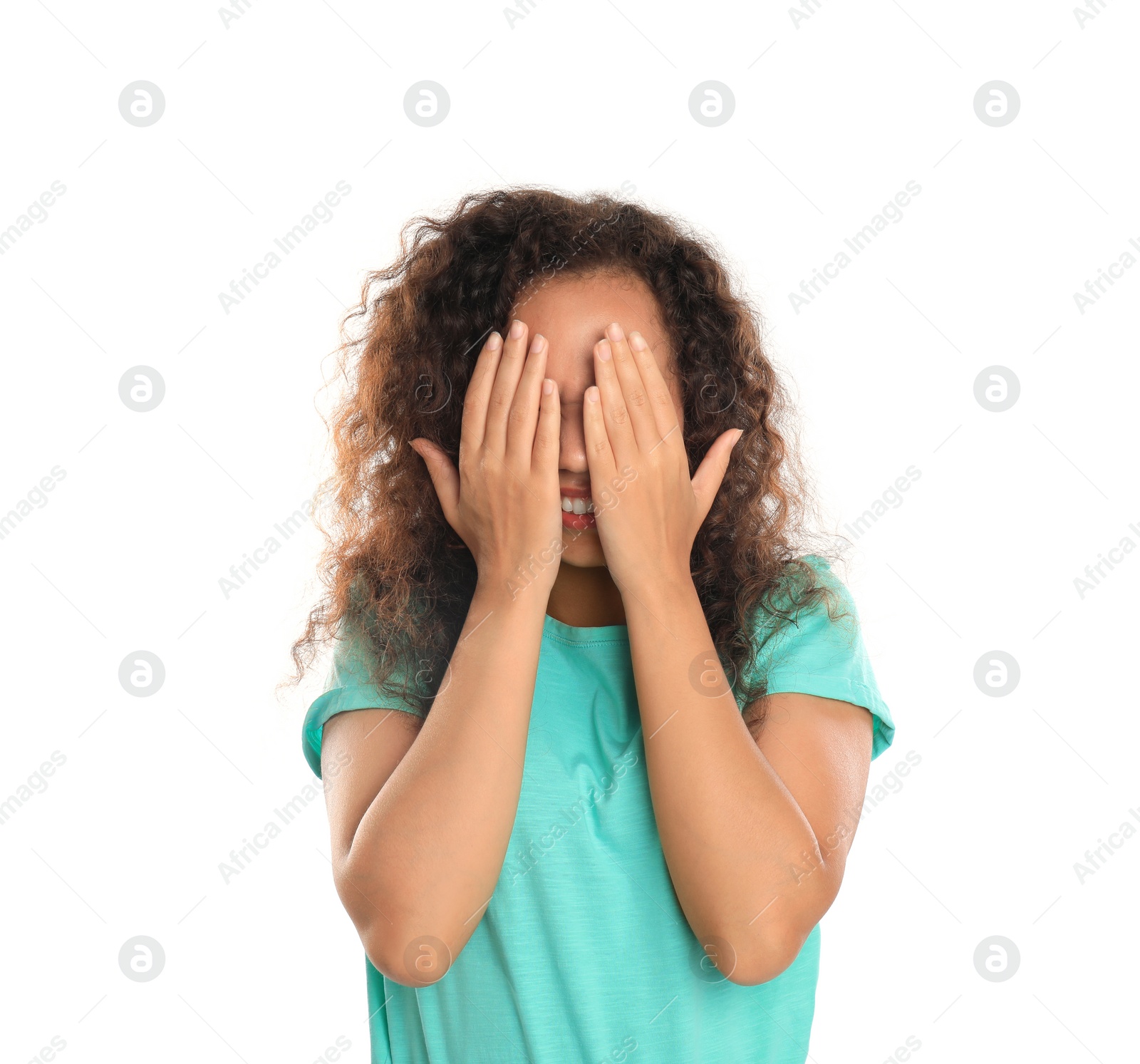 Photo of Young African-American woman being blinded on white background