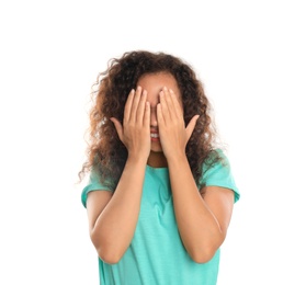 Photo of Young African-American woman being blinded on white background