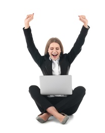 Emotional businesswoman in office wear with laptop celebrating victory on white background