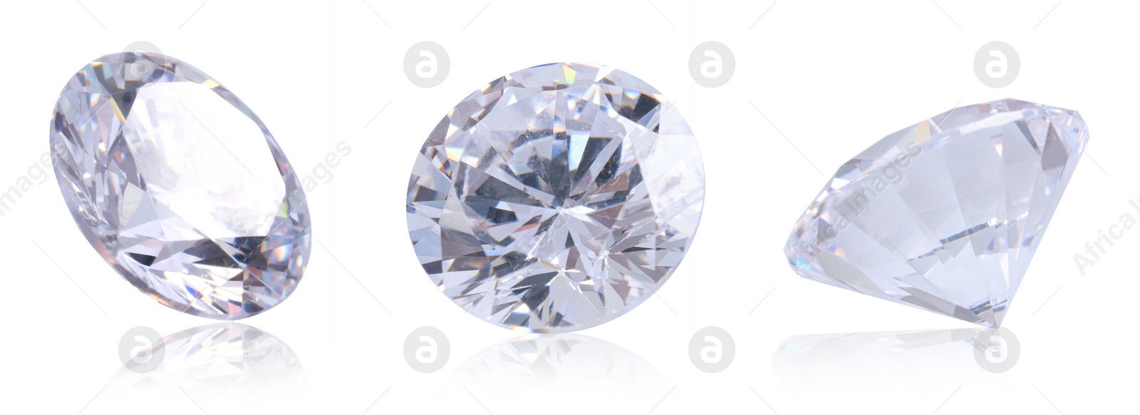 Image of Beautiful dazzling diamonds on white background, set