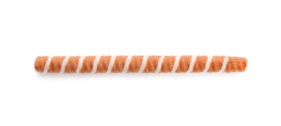 Photo of Delicious chocolate wafer roll on white background, top view. Sweet food