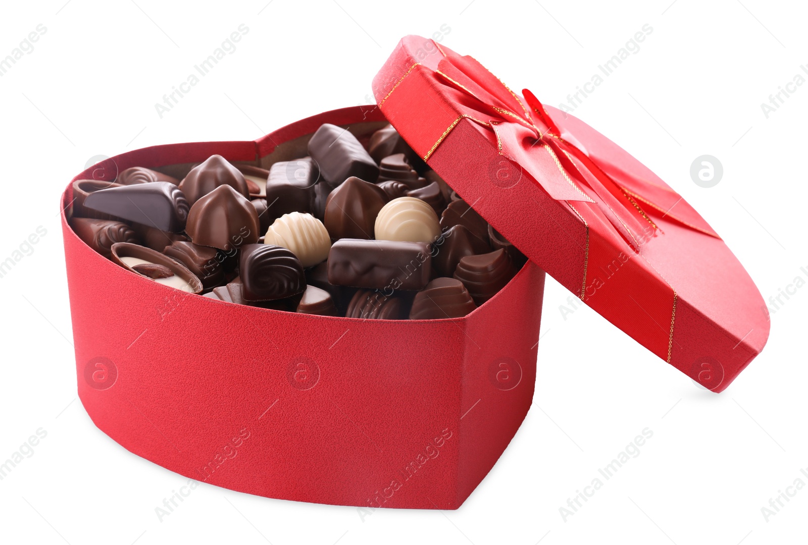 Photo of Heart shaped box with delicious chocolate candies on white background