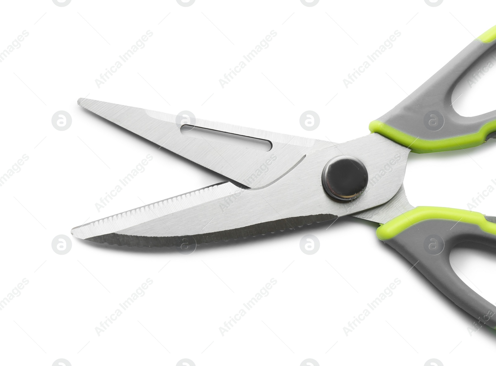 Photo of Pair of kitchen scissors on white background