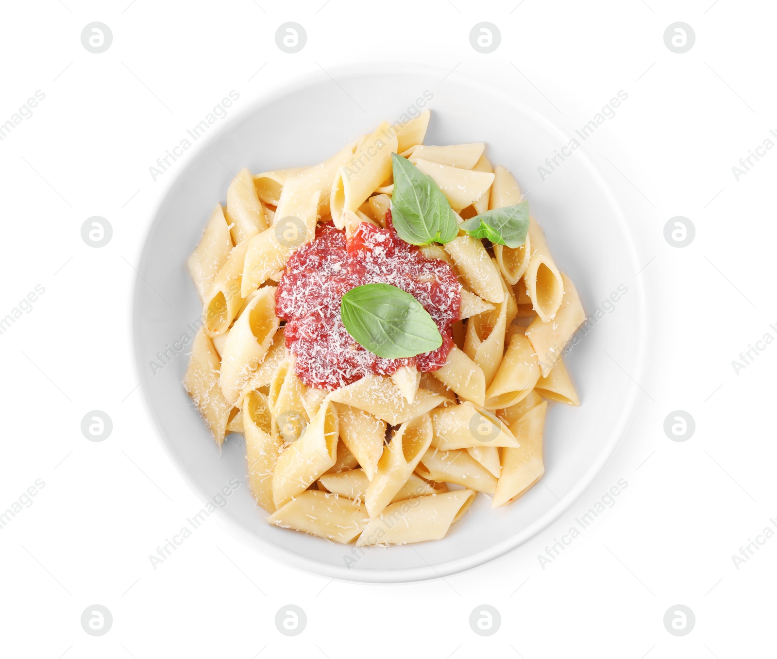 Photo of Delicious maltagliati pasta with tomato sauce isolated on white, top view