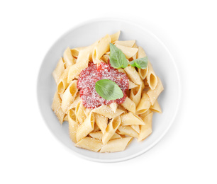 Delicious maltagliati pasta with tomato sauce isolated on white, top view