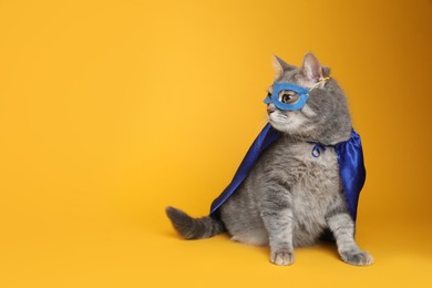 Adorable cat in blue superhero cape and mask on yellow background, space for text