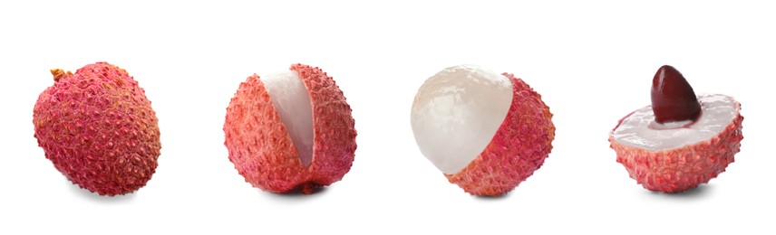 Image of Set with tasty ripe lychee fruits on white background. Banner design