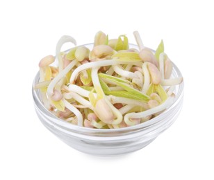 Photo of Mung bean sprouts in glass bowl isolated on white