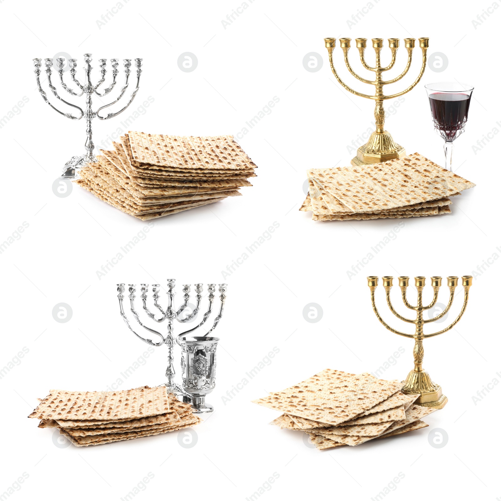 Image of Set with Passover matzos, wine and menorahs on white background. Pesach celebration