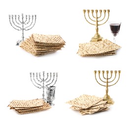 Image of Set with Passover matzos, wine and menorahs on white background. Pesach celebration