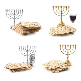 Set with Passover matzos, wine and menorahs on white background. Pesach celebration