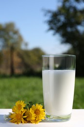 Glass of fresh milk and flowers on white wooden table outdoors