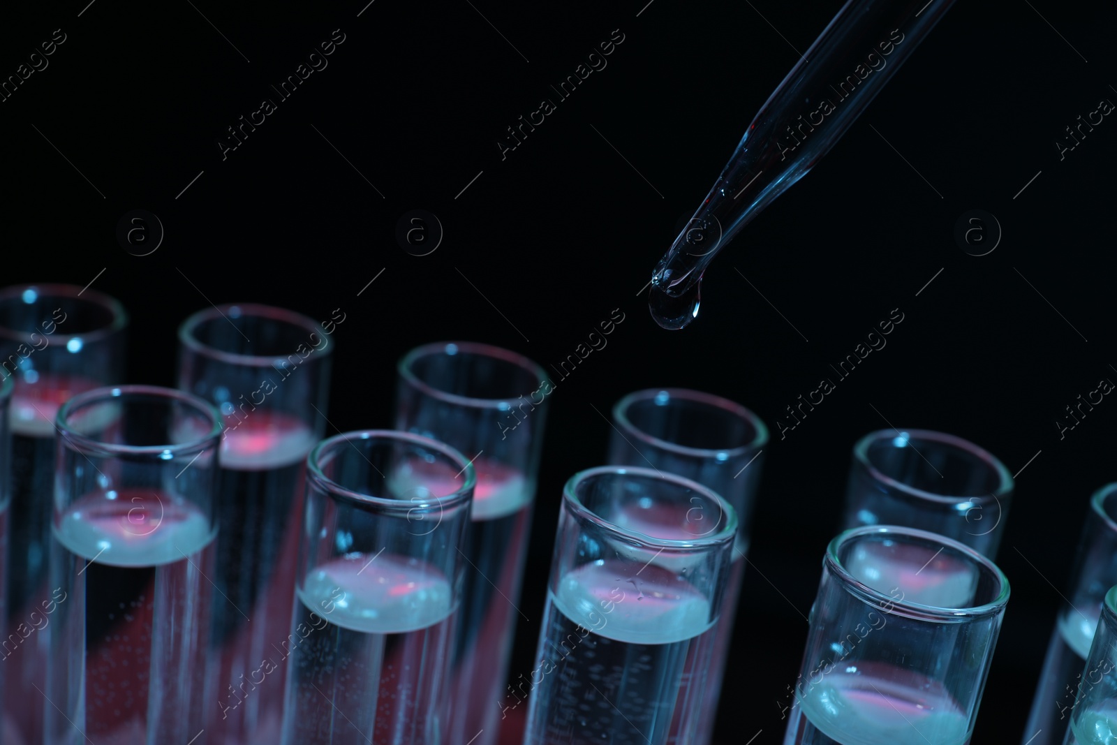 Photo of Dripping reagent into test tube on black background, closeup. Laboratory analysis