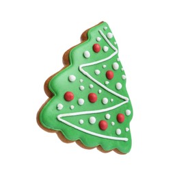 Photo of Christmas cookie in shape of fir tree isolated on white