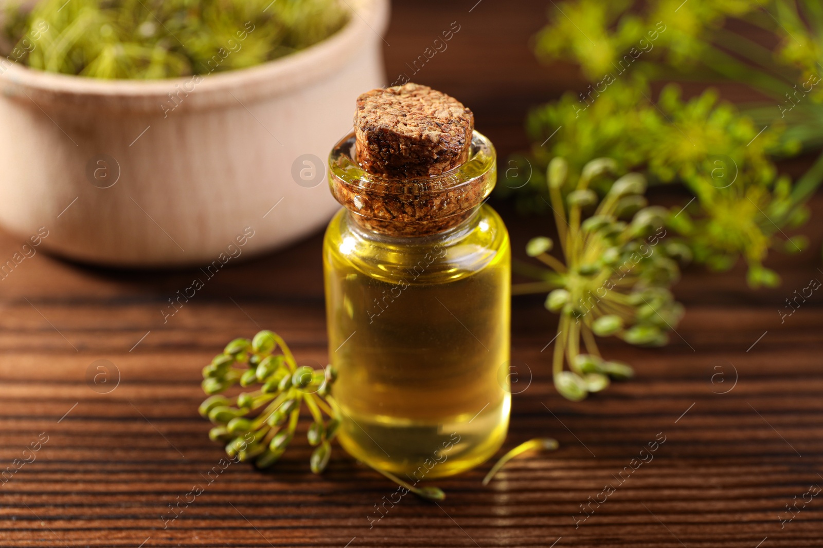 Photo of Bottle of essential oil and fresh dill on wooden table, closeup