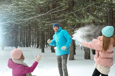 Happy family playing snowballs in winter forest