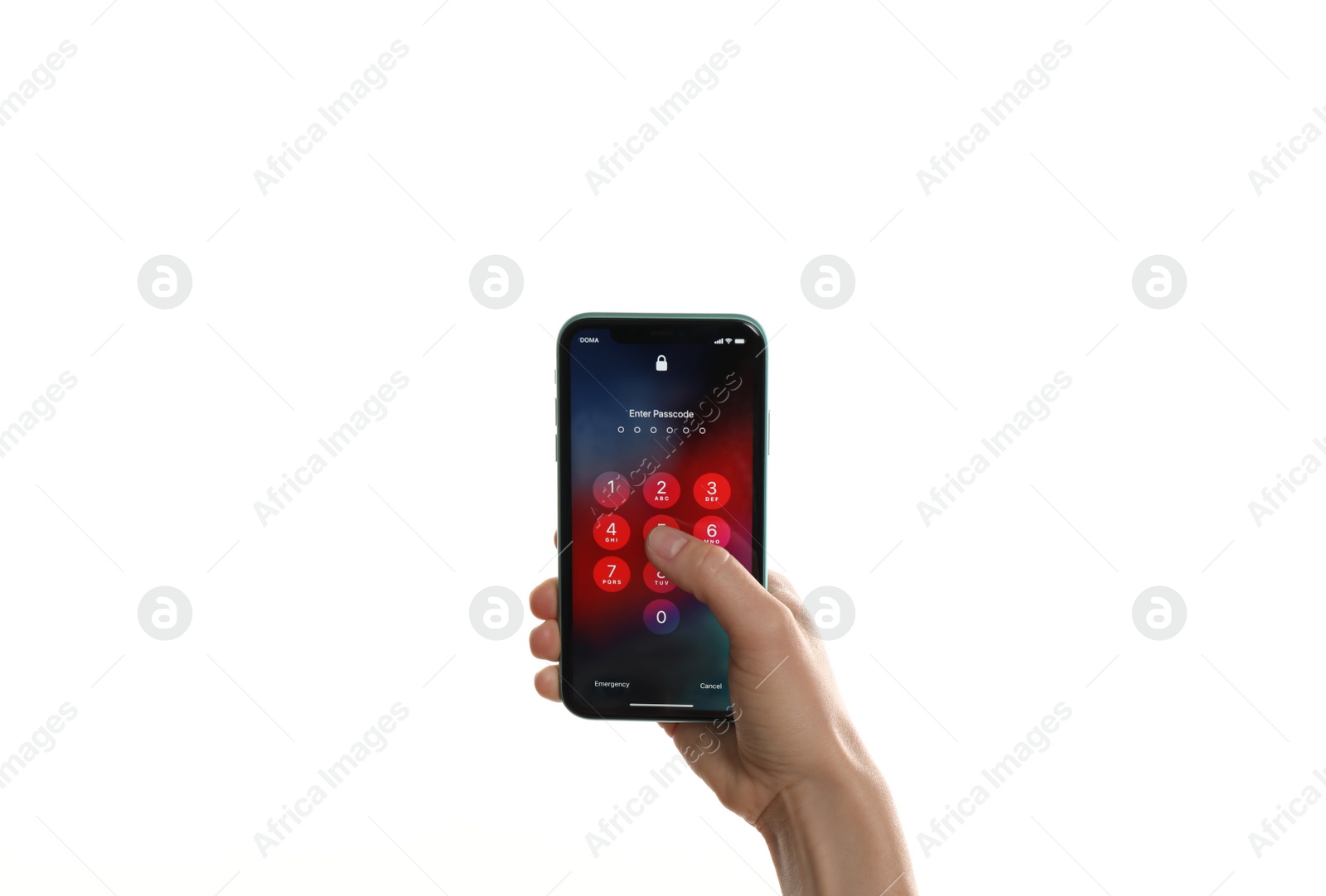 Photo of MYKOLAIV, UKRAINE - JULY 9, 2020: Woman holding iPhone 11 with lock screen on white background, closeup