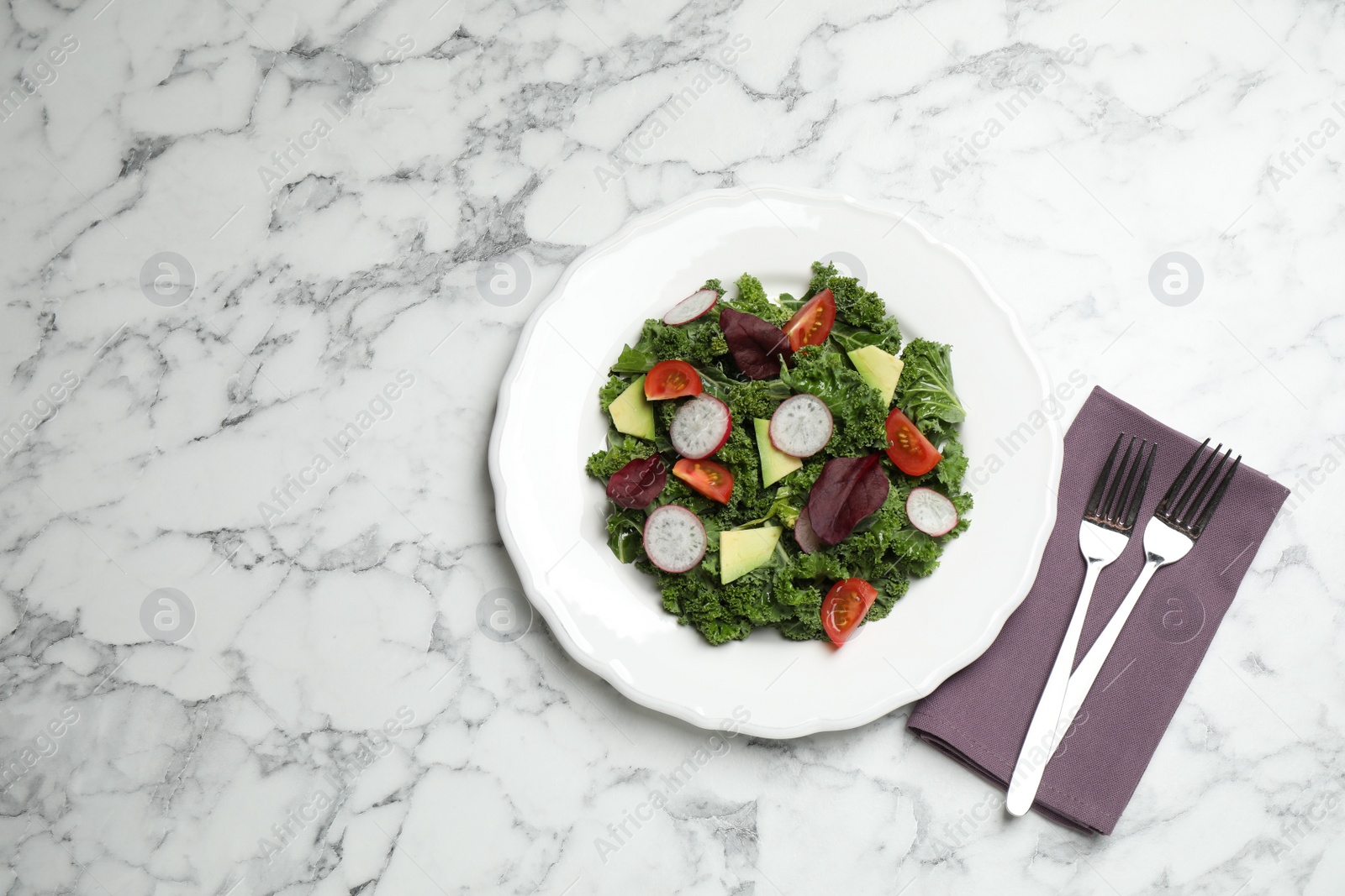 Photo of Delicious salad with kale leaves on marble table, flat lay. Space for text