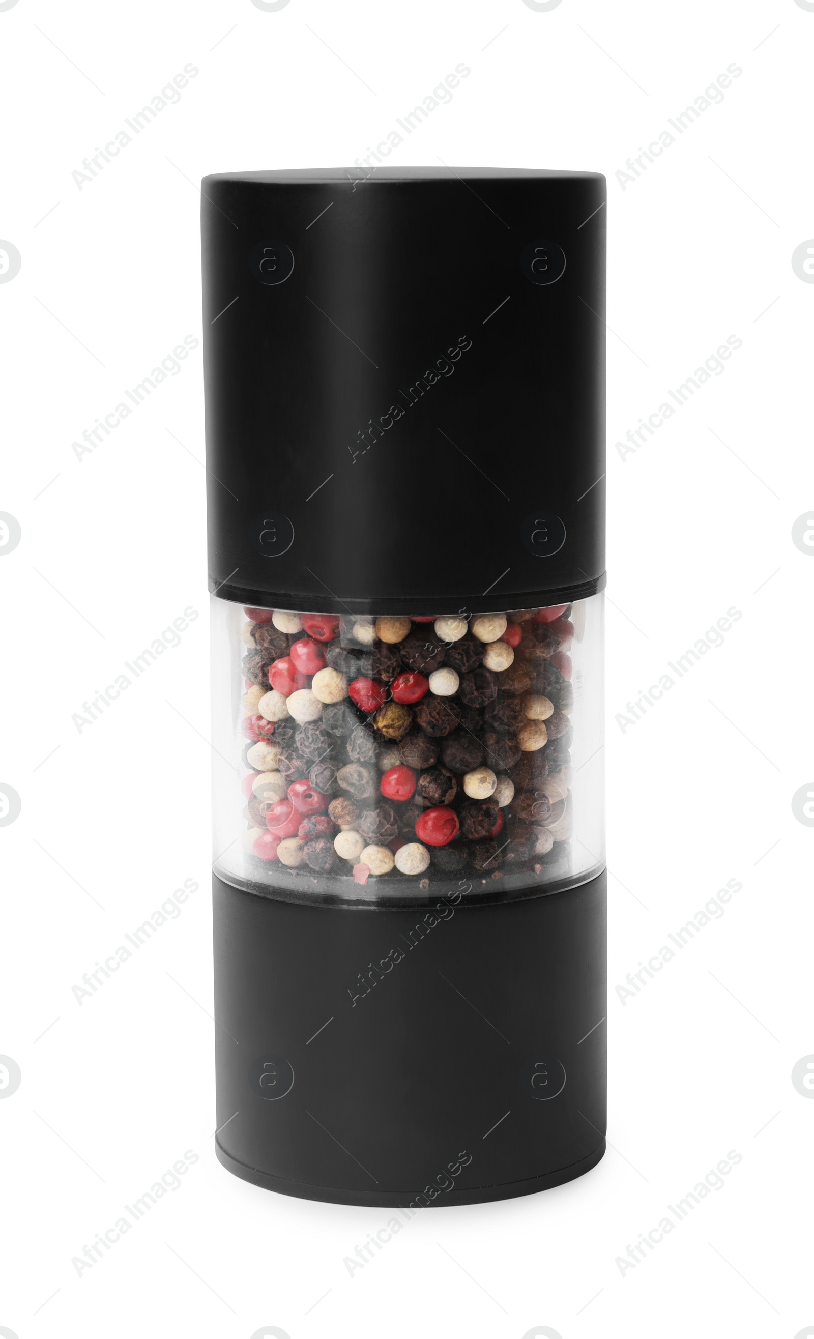 Photo of Aromatic spice. Different peppers in pepper mill isolated on white