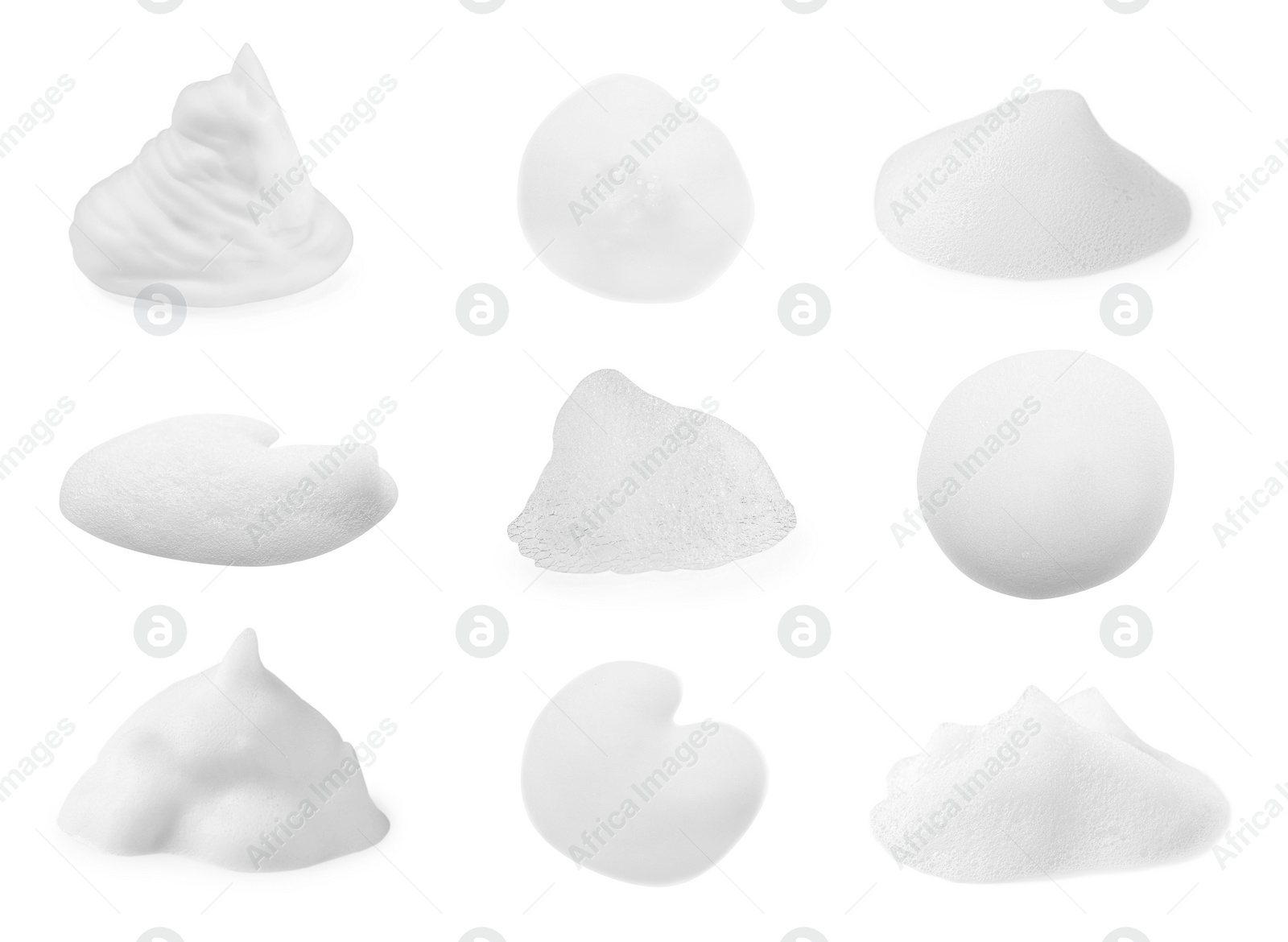 Image of Collage with foam of cosmetic cleanser isolated on white