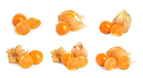 Set with tasty ripe physalis fruits on white background