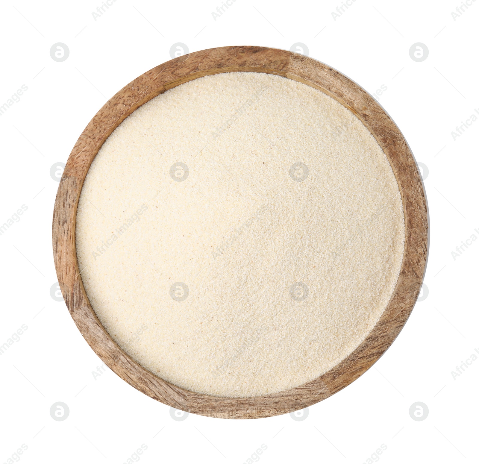 Photo of Bowl of uncooked organic semolina isolated on white, top view