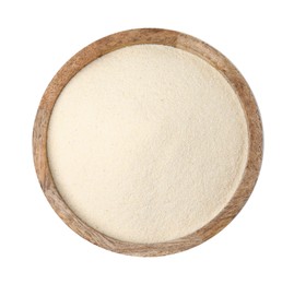 Photo of Bowl of uncooked organic semolina isolated on white, top view