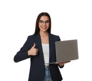 Photo of Young woman with modern laptop on white background