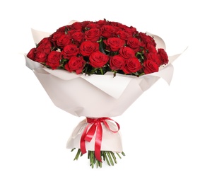 Photo of Luxury bouquet of fresh red roses isolated on white