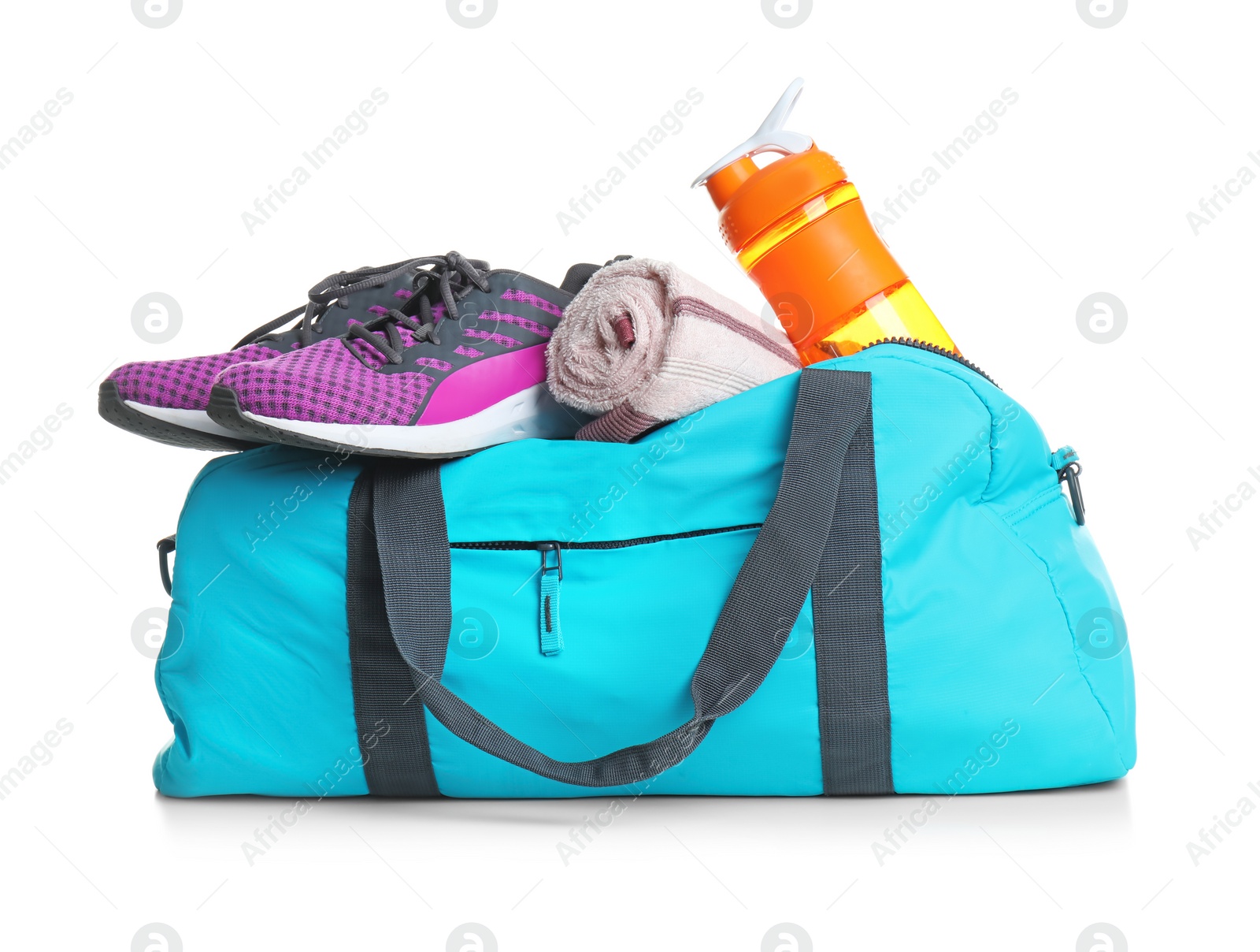 Photo of Sports bag and gym stuff on white background