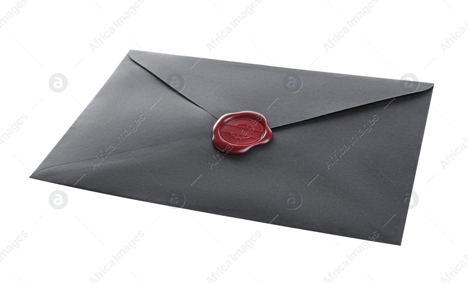 Photo of Black envelope with wax seal isolated on white